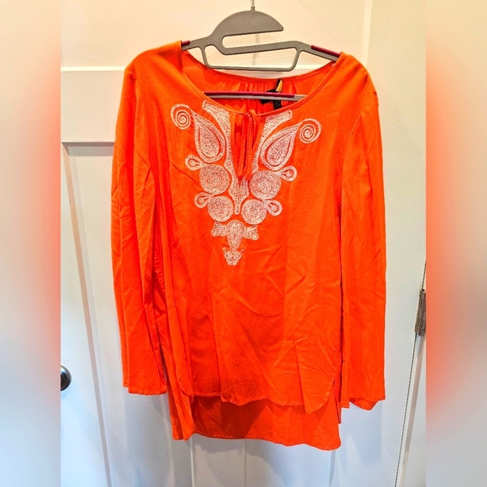 NWT Melissa Paige Orange Embroidered Peasant Blouse Size Small Boho Long Sleeve